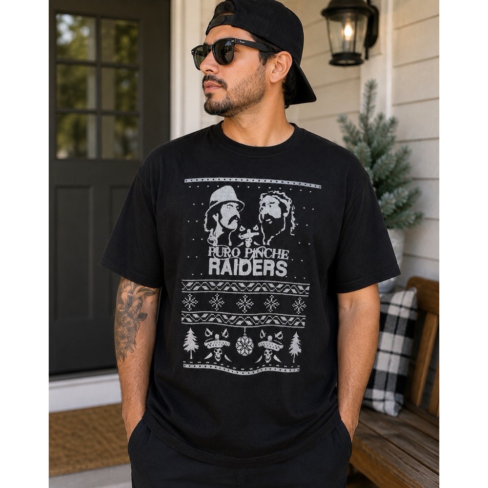 Puro Pinche Raiders T Shirt Mens XXL Black Christmas Graphic Tee M&O Gold